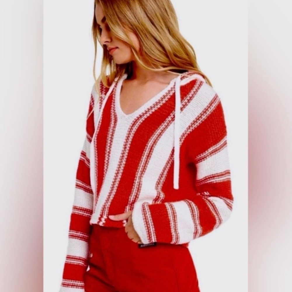 Wildfox Red and White Striped V-Neck Sweater